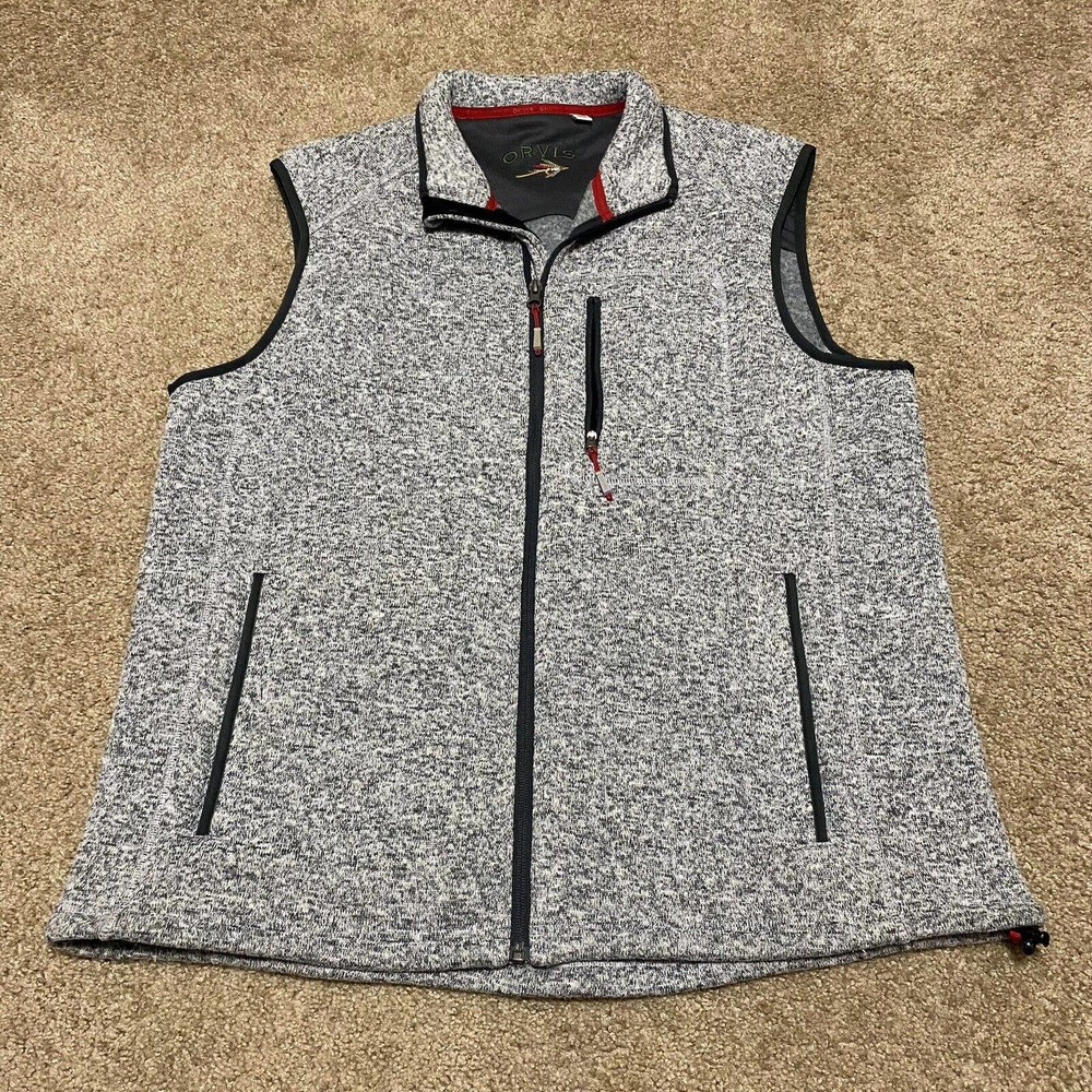 Orvis Mens Full Zip Fleece Vest Front Pocket Knit Thick Warm Gray Polyester XL